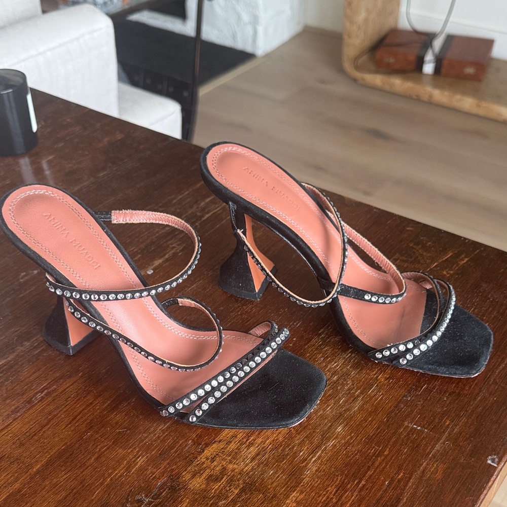 Amina Muaddi Black and Silver Embellished Heels